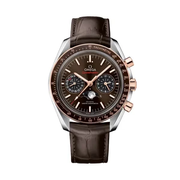 Omega Speedmaster 44,25 mm, acier - or « Sedna™ » sur bracelet en cuir