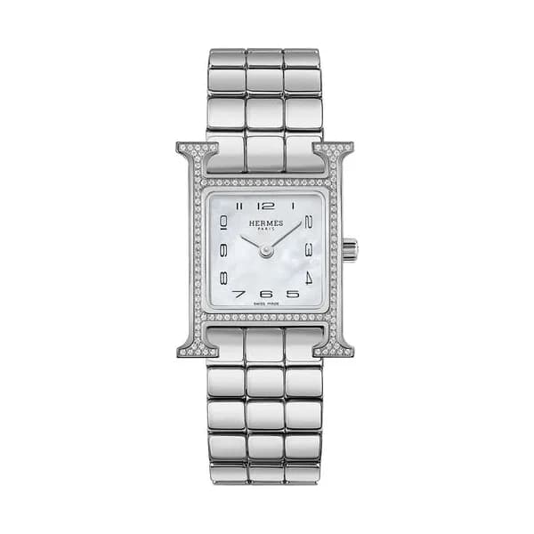 Hermès Montre HERMÈS Heure H Petit Modèle sertie quartz cadran nacre blanche bracelet acier 25 mm
