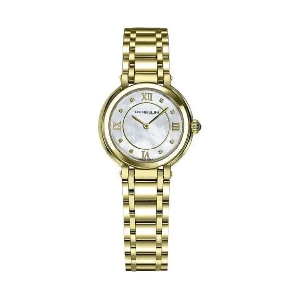Michel Herbelin Montre Herbelin Galet quartz cadran nacre bracelet acier revêtement PVD or jaune 28 mm