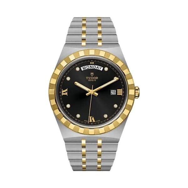 Tudor Montre Tudor Royal automatique guichet jour index diamants cadran noir bracelet acier et or jaune 41 mm