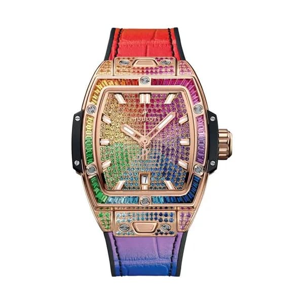 Hublot Montre Hublot Spirit of Big Bang King Gold Rainbow automatique cadran pierres colorées bracelet caoutchouc cuir multicolore 32 mm