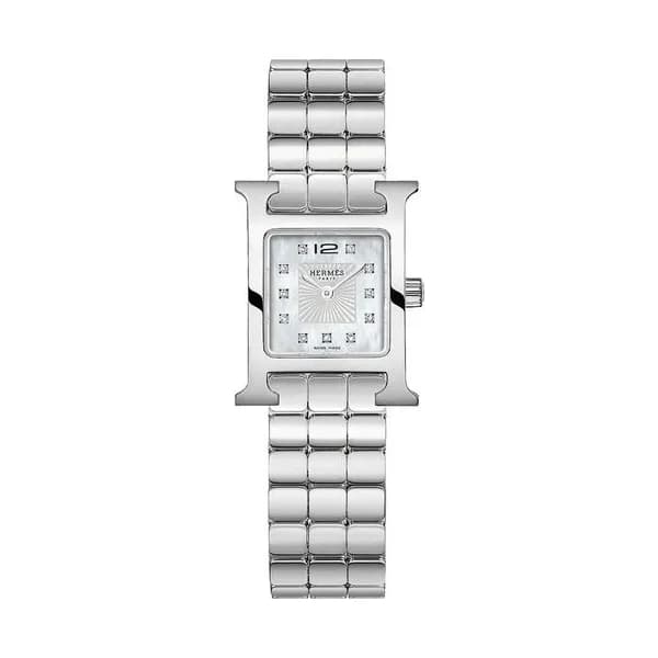 Hermès Montre HERMÈS Heure H Mini Modèle quartz index diamants cadran nacre blanche bracelet acier 21 mm
