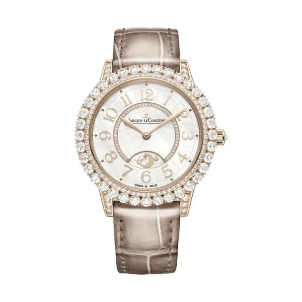Jaeger-LeCoultre Montre Jaeger-LeCoultre Rendez-Vous Dazzling Night &amp; Day Or Rose automatique lunette sertie cadran nacré bracelet cuir brun 36 mm