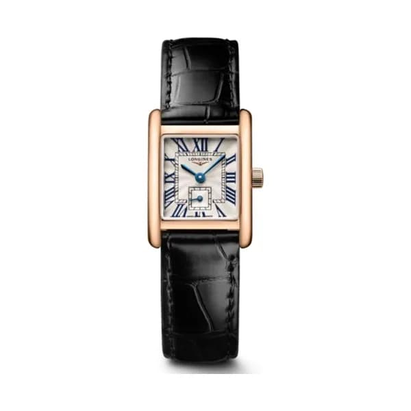 Longines Montre Longines Mini DolceVita quartz Or rose cadran argent bracelet cuir noir 21,5 x 29 mm