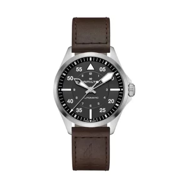 Hamilton Montre Hamilton Khaki Aviation Pilot Automatique Cadran Noir Bracelet Cuir 39 mm