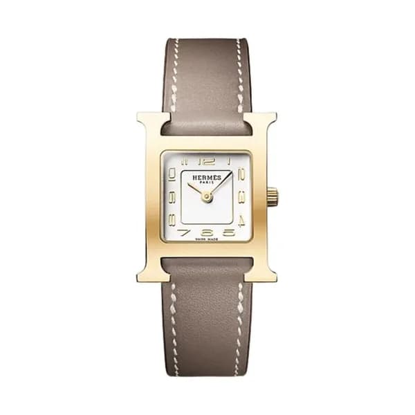 Hermès Montre HERMÈS Heure H Petit Modèle PVD quartz cadran argenté bracelet cuir étoupe 25 mm