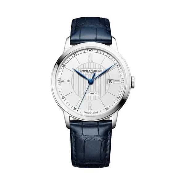 Baume & Mercier Montre Baume et Mercier Classima automatique cadran argenté bracelet cuir alligator bleu nuit 42 mm