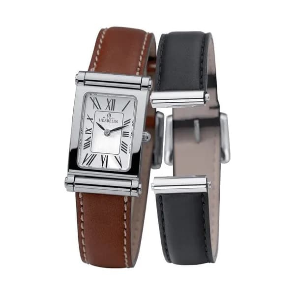 Michel Herbelin Montre Michel Herbelin Coffret Antarès quartz cadran argent chiffres romains bracelets cuir brun et noir