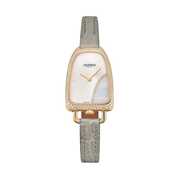 Hermès Montre HERMÈS Galop d'Hermès Moyen Modèle sertie quartz cadran nacre bracelet cuir gris 32 mm