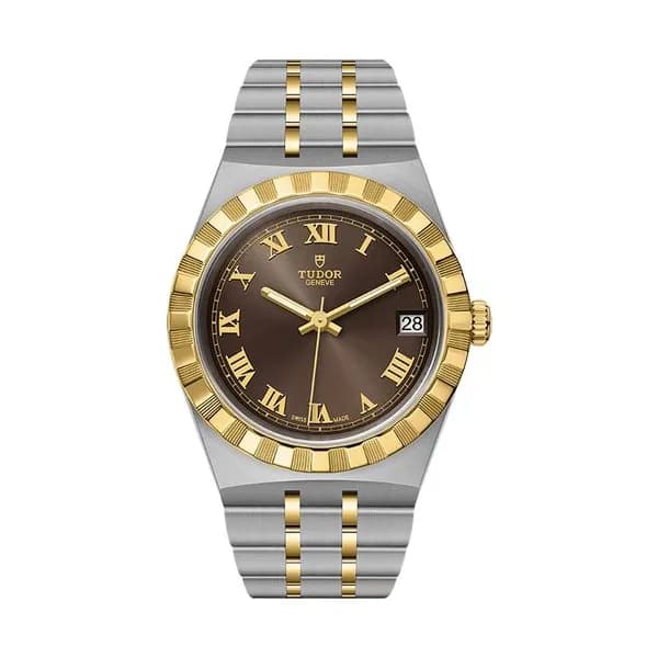 Tudor Montre Tudor Royal automatique lunette or jaune cadran chocolat bracelet acier et or jaune 34 mm