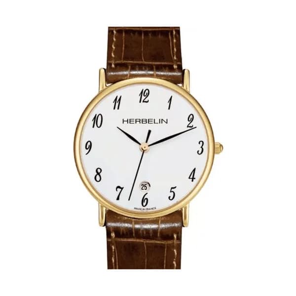 Michel Herbelin Montre Michel Herbelin Classiques quartz acier PVD or jaune cadran blanc chiffres arabes bracelet cuir brun 34 mm