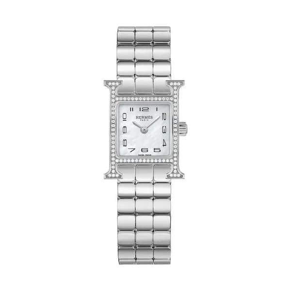 Hermès Montre HERMÈS Heure H Mini Modèle sertie quartz cadran nacre blanche bracelet acier 21 mm
