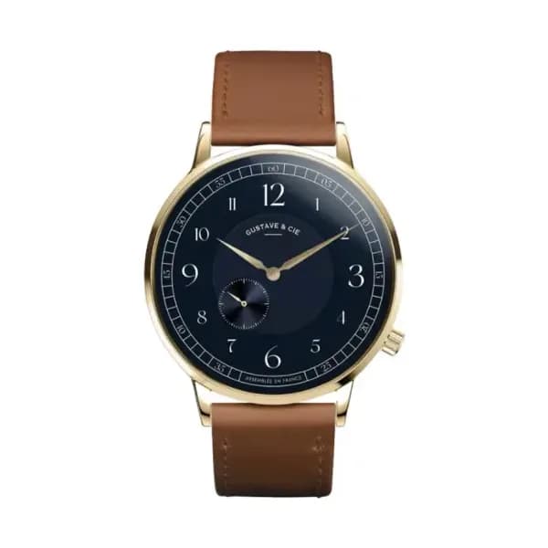 Gustave & Cie Montre 12H Hector Or & Bleu Cuir Marron Havane Surpiqué 40mm