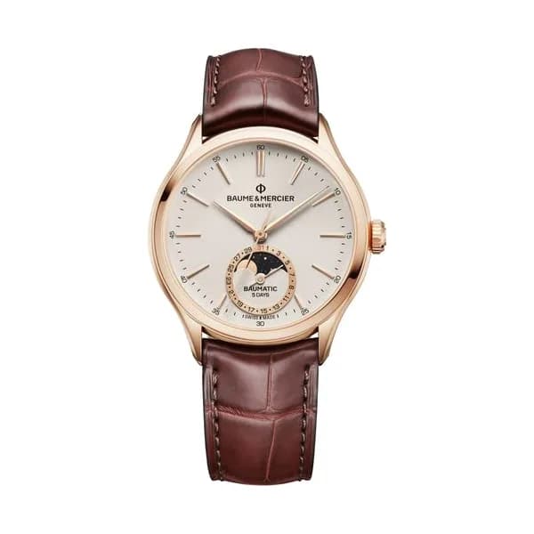 Baume & Mercier Montre Baume et Mercier Clifton Baumatic Phase de Lune Or Rose automatique cadran blanc bracelet cuir marron 39 mm