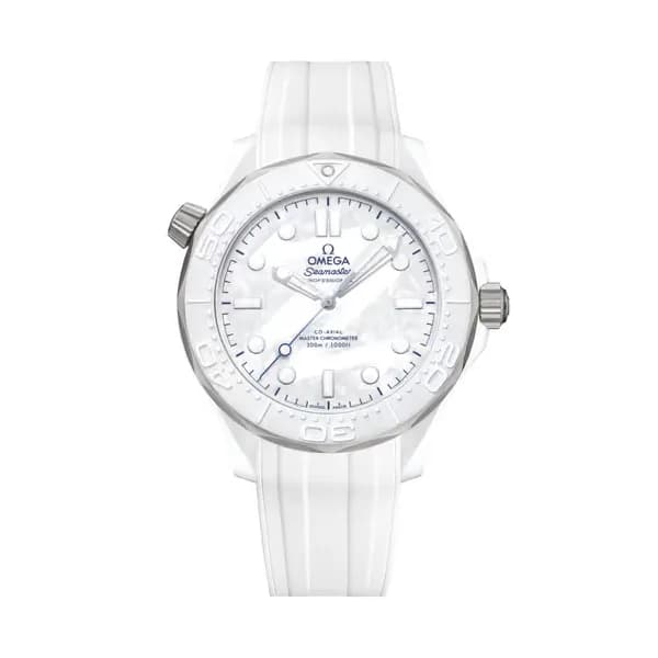 Omega Seamaster 43,5 mm, céramique blanche - titane sur bracelet caoutchouc