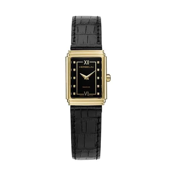 Michel Herbelin Montre Herbelin Collection Art Deco 1925'S en Cuir Noir