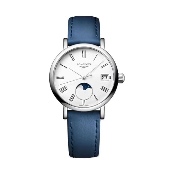 Longines Montre Longines Elegant collection Phase de Lune quartz cadran blanc bracelet cuir bleu 30 mm
