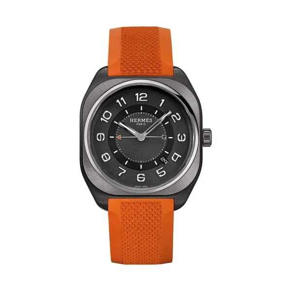 Hermès Montre Hermès H08 DLC noir automatique cadran noir bracelet caoutchouc orange 42 mm