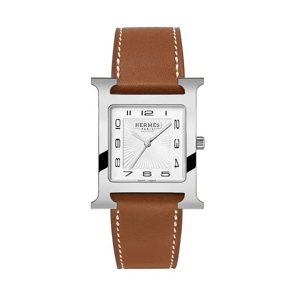 Hermès Montre HERMÈS Heure H Grand Modèle quartz cadran blanc bracelet cuir marron 34 mm