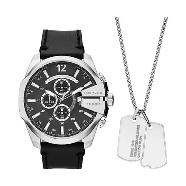 Diesel Coffret DIESEL MEGA CHIEF Montre Homme en Cuir Noir et Collier