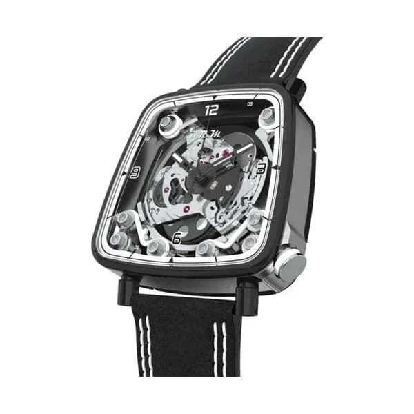 B.R.M Montre B.R.M FF39-40 automatique titane PVD noir couronne laque blanche cadran squelette bracelet cuir Alcantara noir 40 mm