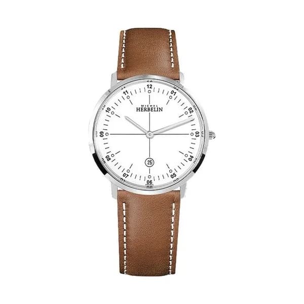 Michel Herbelin Montre Michel Herbelin City quartz cadran blanc bracelet cuir brun 38,70 mm