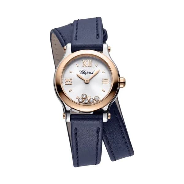 Chopard Montre Chopard Happy Sport quartz lunette or rose cadran argent bracelet cuir bleu 25 mm
