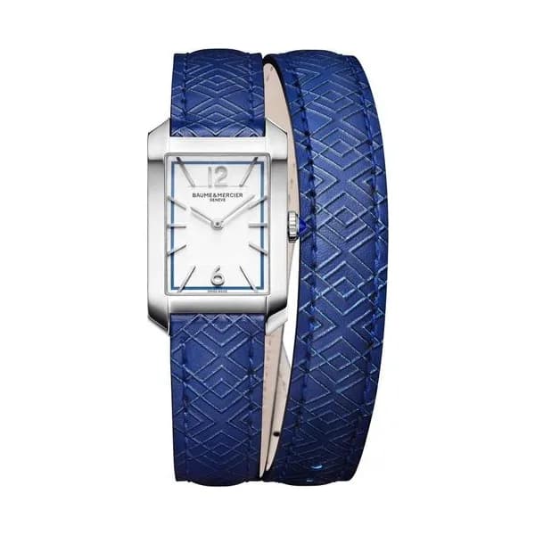 Baume & Mercier Montre Baume et Mercier Hampton quartz cadran argenté bracelet double-tour cuir bleu 35 x 22 mm