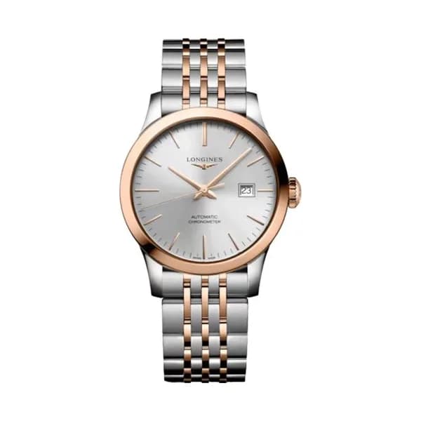Longines Montre Longines Record automatique cadran argenté bracelet acier et or rose 30 mm