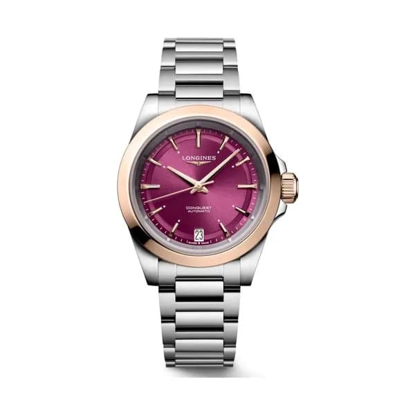 Longines Montre Longines Conquest Or rose automatique cadran violet bracelet acier et or rose 34 mm