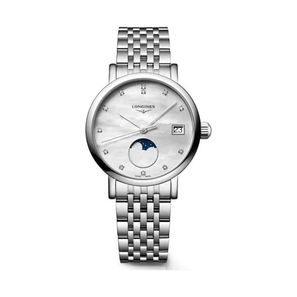 Longines Montre Longines Elegant collection Phase de Lune quartz index diamants cadran nacre bracelet acier 30 mm