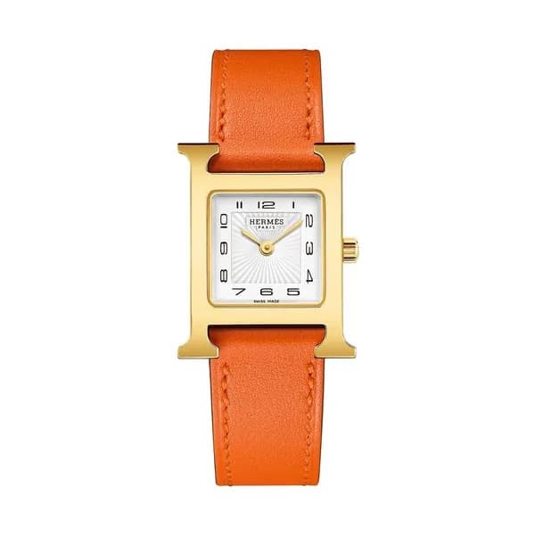 Hermès Montre HERMÈS Heure H Petit Modèle PVD quartz cadran blanc bracelet cuir orange 25 mm