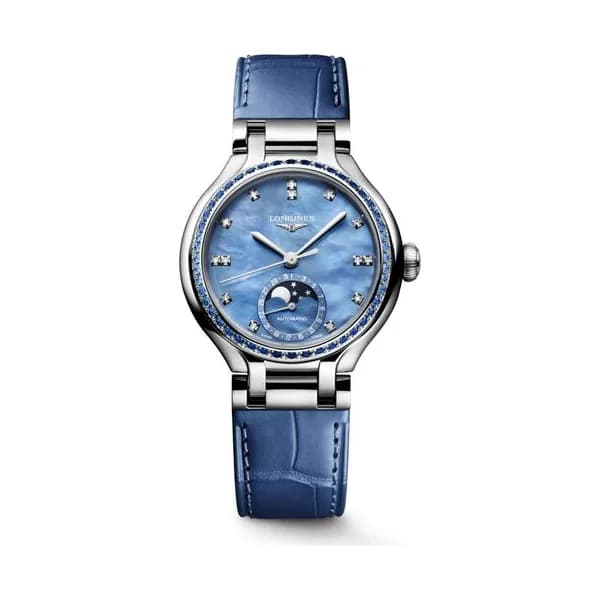 Longines Montre Longines PrimaLuna Moonphase automatique cadran nacre bleue bracelet cuir bleu 34 mm