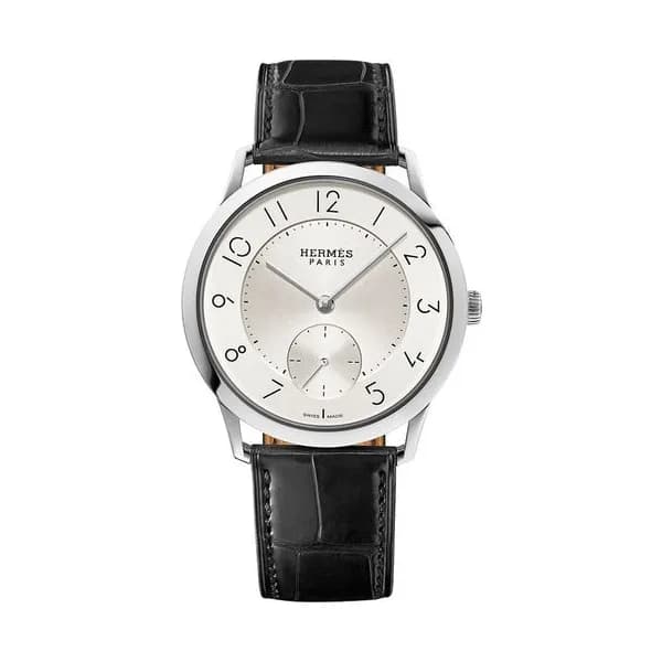 Hermès Montre HERMÈS Slim Grand Modèle automatique cadran argenté opalin bracelet cuir noir 39,5 mm