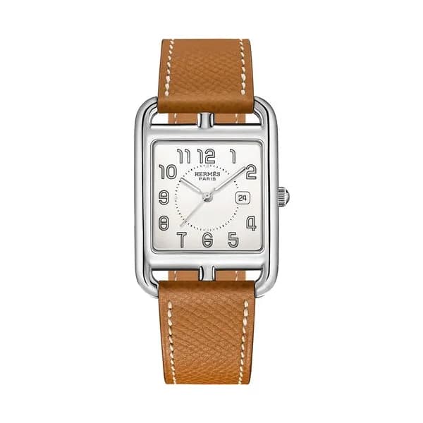 Hermès Montre HERMÈS Cape Cod Grand Modèle quartz cadran argenté bracelet cuir marron 37 mm