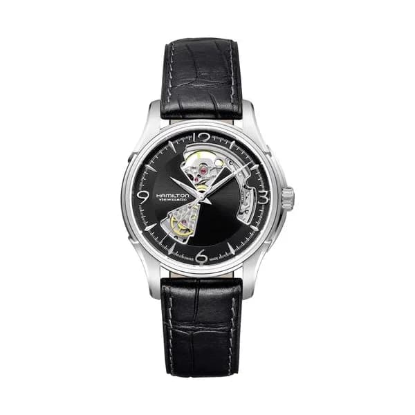 Hamilton Montre Hamilton Jazzmaster Open Heart automatique cadran noir bracelet cuir façon croco noir 40 mm