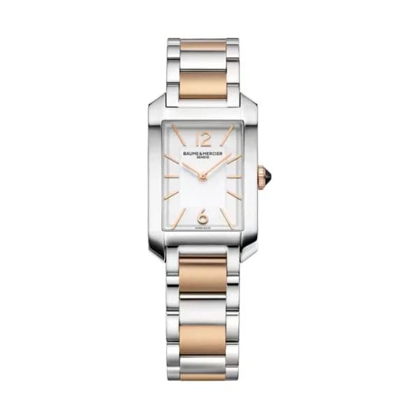 Baume & Mercier Montre Baume et Mercier Hampton quartz cadran opalin bracelet acier et or rose 35 x 22 mm