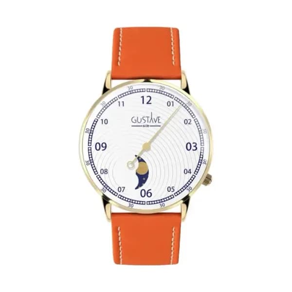Gustave & Cie Montre 12H Georges Or & Blanc Cuir Orange Clémentine Surpiqué 36mm