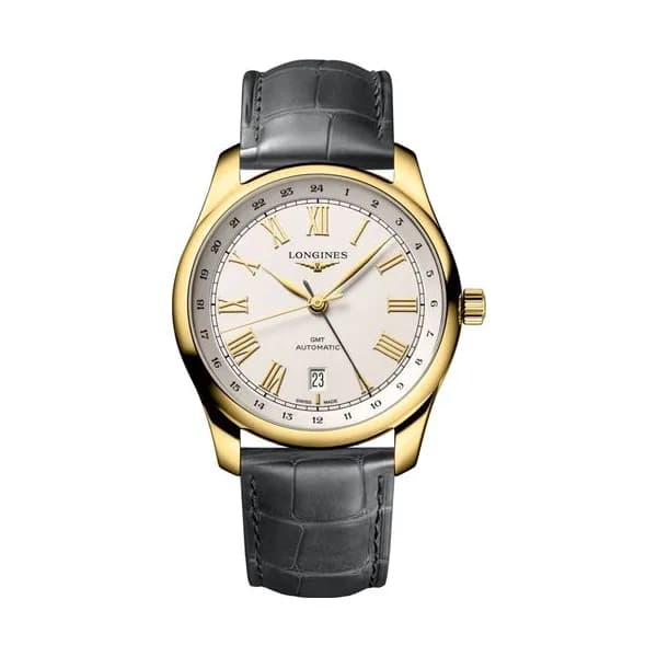 Longines Montre Longines Master Collection GMT Or Jaune automatique cadran argent bracelet cuir gris 40 mm