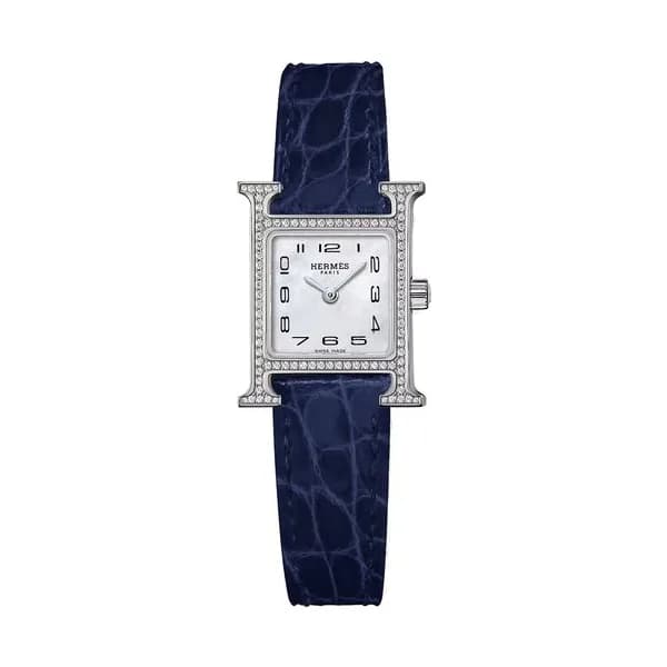 Hermès Montre HERMÈS Heure H Mini Modèle sertie quartz cadran nacre blanche bracelet cuir croco bleu 21 mm