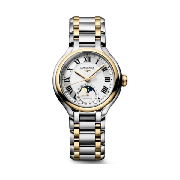 Longines Montre Longines Longines primaluna moonphase 34 mm Automatique Cadran Argenté Bracelet Acier et Or Jaune