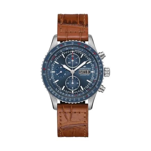 Hamilton Montre Hamilton Khaki Aviation Converter Chrono automatique cadran bleu bracelet cuir brun 44 mm
