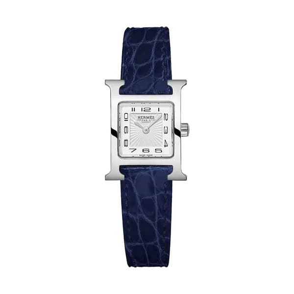 Hermès Montre HERMÈS Heure H Mini Modèle quartz cadran blanc bracelet cuir croco bleu 21 mm