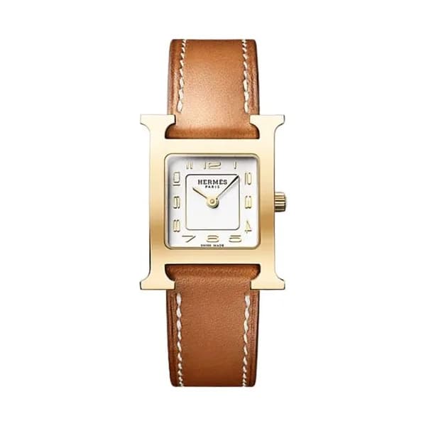 Hermès Montre HERMÈS Heure H Petit Modèle PVD quartz cadran argenté bracelet cuir Barénia 25 mm