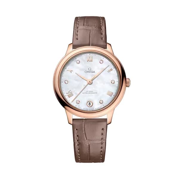 Omega De Ville 34 mm, or Sedna™ sur bracelet en cuir