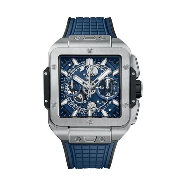 Hublot Montre Hublot Square Bang Unico Titanium Blue automatique lunette titane cadran squelette bracelet caoutchouc bleu 42 mm