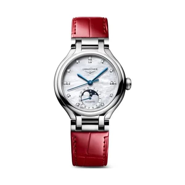 Longines Montre Longines PrimaLuna Moonphase auto cadran nacre blanche index diamants bracelet cuir rouge 34 mm