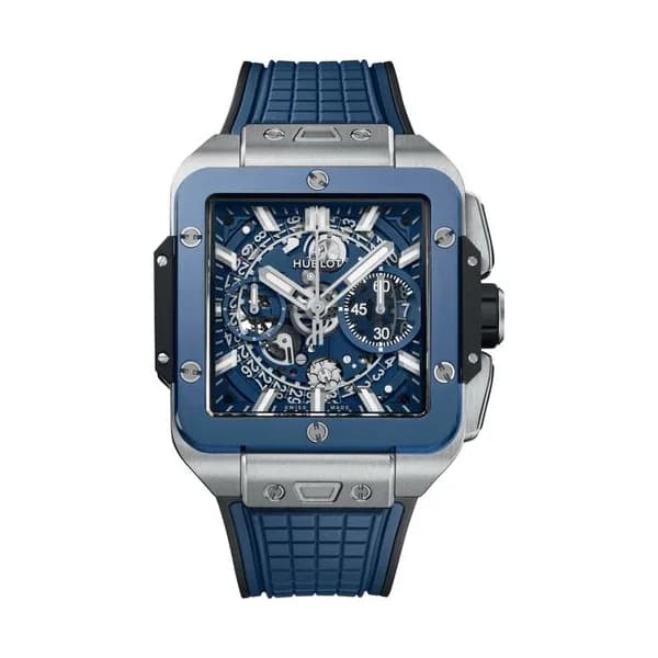 Hublot Montre Hublot Square Bang Unico Titanium Blue Ceramic automatique lunette céramique cadran squelette bracelet caoutchouc bleu 42 mm