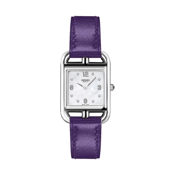 Hermès Montre HERMÈS Cape Cod quartz index diamants cadran nacre blanche bracelet cuir violet 23 mm
