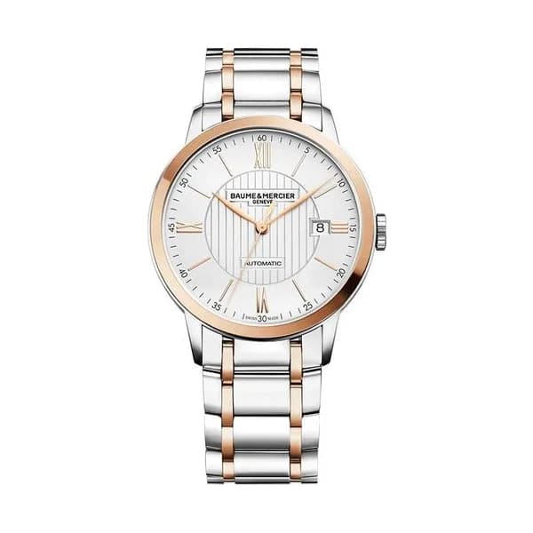 Baume & Mercier Montre Baume et Mercier Classima automatique cadran argenté bracelet acier et or rose 40 mm